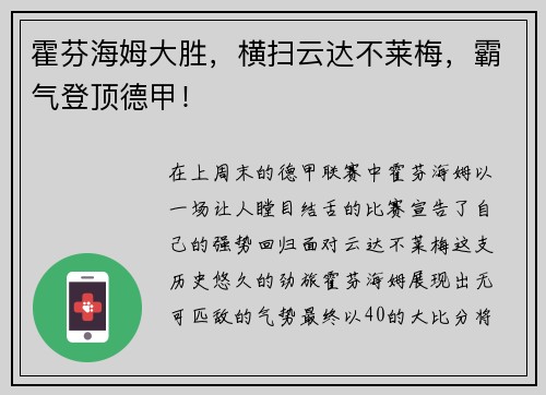 霍芬海姆大胜，横扫云达不莱梅，霸气登顶德甲！
