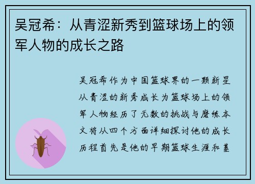 吴冠希：从青涩新秀到篮球场上的领军人物的成长之路