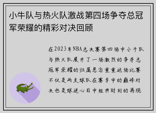 小牛队与热火队激战第四场争夺总冠军荣耀的精彩对决回顾